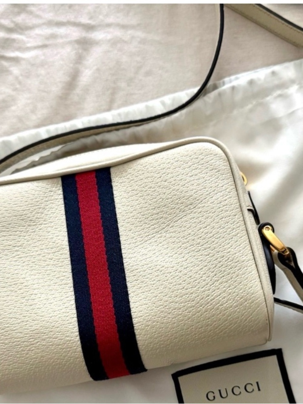 Gucci Cream Pebbled Leather Crossbody with Red and Navy Web - Picture 11 of 13
